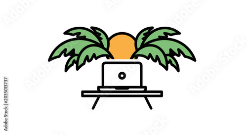 Laptop on a tropical vacation desk.