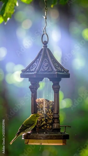 Small Green Bird Feeding at Hanging Wooden Feeder in Sunlit Garden