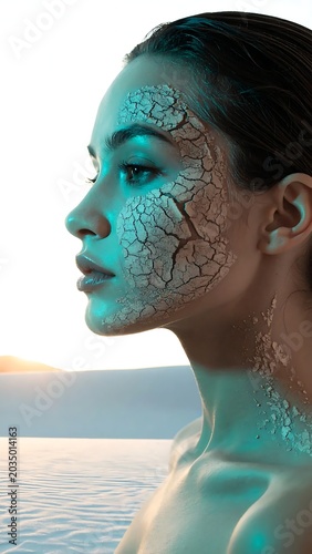 Young Woman with Cracked Skin Looking Forward in Desert Landscape at Sunset