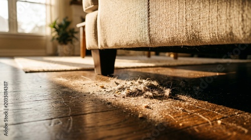 Unwanted household dust, dirt, and pet hair gathered on a polished wooden floor under a couch, emphasized by a beam of sunlight