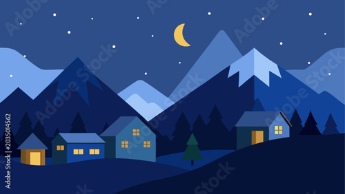 Nighttime mountain village with houses and moon