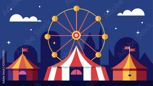 Colorful nighttime carnival with ferris wheel and tents