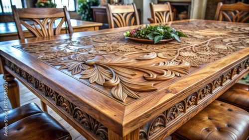 Intricate floral carvings adorn this majestic wooden dining table, showcasing fine craftsmanship and elegant design