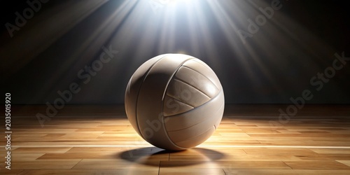 Spotlighted volleyball rests on a polished wooden court with emanating light beams