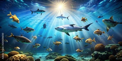 A vibrant underwater scene teeming with diverse aquatic life swimming gracefully beneath sunlit ocean surface waters