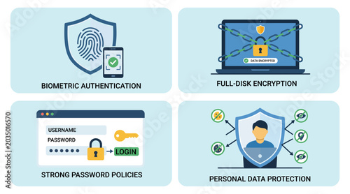 Digital security measures for biometric authentication and personal data privacy.