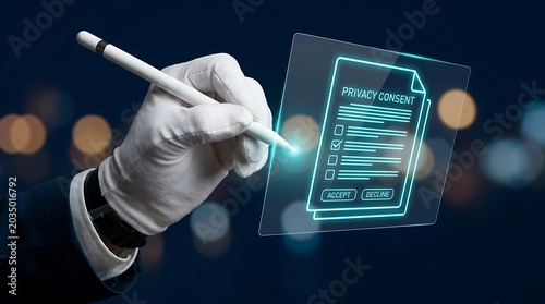 Professional hand in white glove signing a digital privacy consent form on a glowing holographic interface