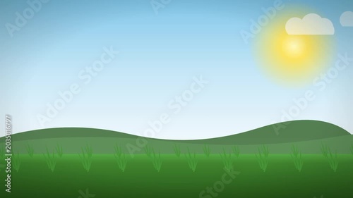 Green hills and grass under sunny blue sky with cloud  nature landscape scene