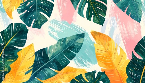 Colorful Tropical Leaves Arranged on Abstract Pastel Background