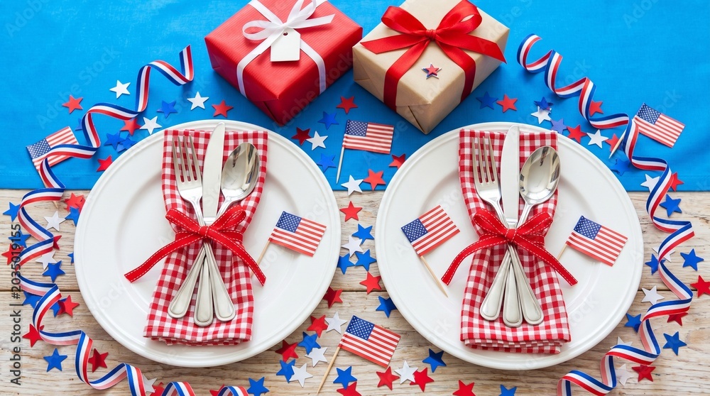 Obraz premium Festive fourth of july table setting with gifts and patriotic decorations