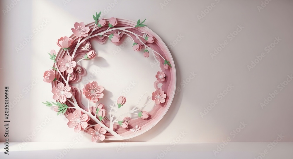 Fototapeta premium Delicate Pink Cherry Blossom Wreath with Soft Lighting.