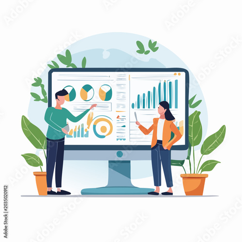 Business meeting with data analysis on a large monitor