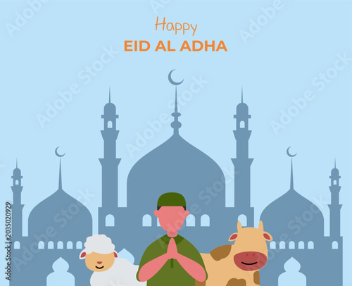 eid al adha mubarak illustration with muslim man and animal sacrifice
