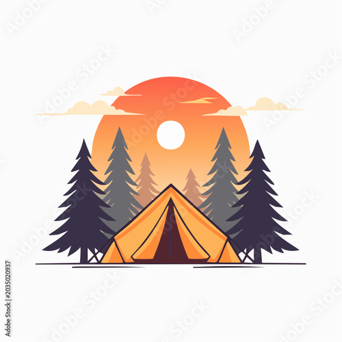 Camping Tent in Forest at Sunset Illustration