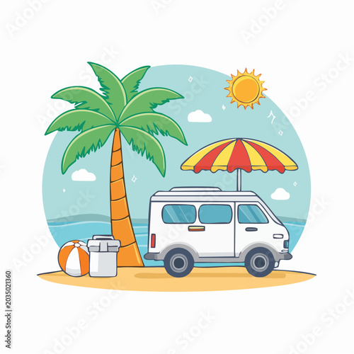Beach Vacation Scene with Camper Van and Palm Tree