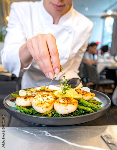 Chef preparing fresh salad dish professionally.