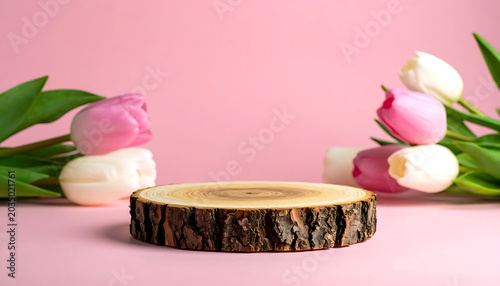 Natural wood slice podium with pink and white tulips on a soft pink background, product display pedestal for spring or beauty concepts