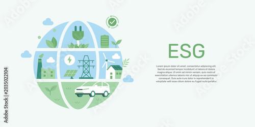 Environment, Social, Governance and sustainability development concept, banner, ecology background. ESG flat illustration.