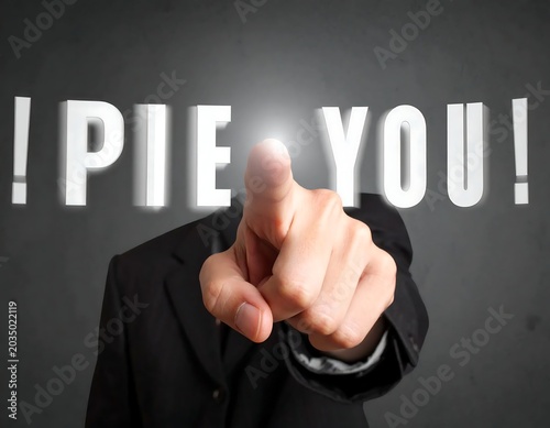 Man holding a pie in surprise gesture.