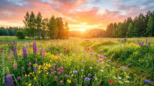 A breathtaking Latvian meadow bursting with colorful wildflowers under an intense golden sunrise