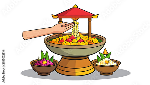 Pixel art of a hand offering flower petals into a large ceremonial bowl, with smaller floral arrangements on the sides, representing a religious or cultural ritual, vector illustration