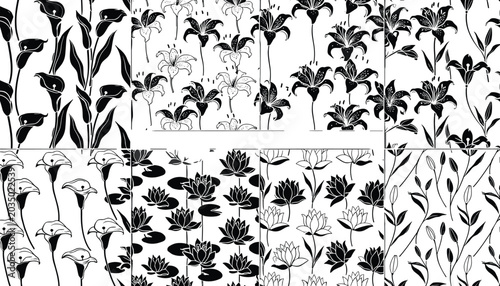 Bild auf Leinwand Monochrome black and white botanical seamless pattern collection with calla lili