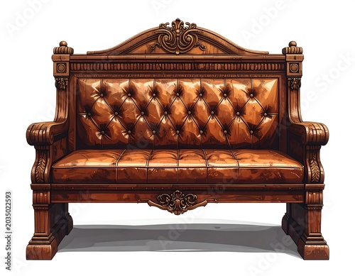 Ornate Vintage Wooden Sofa with Tufted Leather Upholstery Isolated on White Background