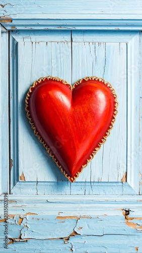 Glossy Red Heart Ornament Displayed on Weathered Blue Wooden Panel