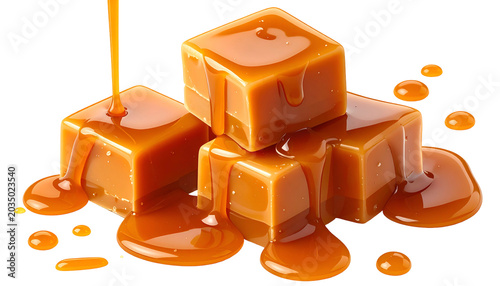 Stack of three caramel squares, dripping caramel. Glossy and appetizing