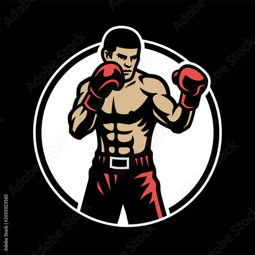 Silhouette of a boxer in a stance, logo on a dark background.