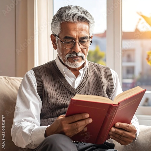 Senior man reading book in cozy home setting.