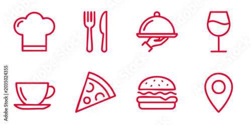 A collection of food and drink icons on a white background with chef hat, utensils, and dishes.