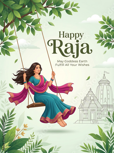 Woman in traditional indian attire swinging outdoors with temple background happy raja festival celebration