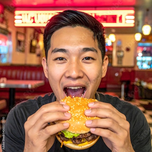 Smiling Young Man Eating Cheeseburger in Retro American Diner
