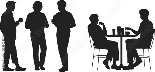Social interaction silhouettes, people drinking conversation, cafe table scene, black abstract figures, lifestyle design, modern relationship art, everyday activity concept illustration