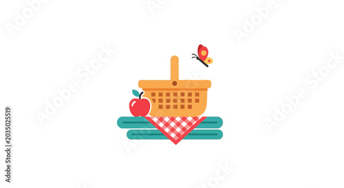 Picnic basket with apple and cloth.