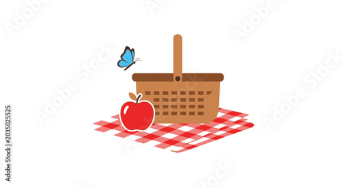 Picnic basket with red apple fruit.