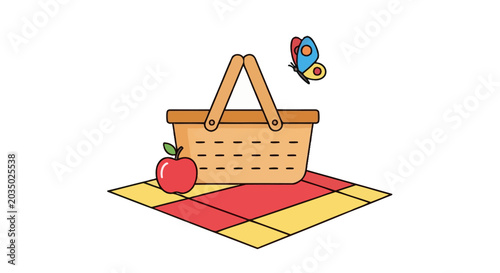 Picnic basket with apple outdoors.