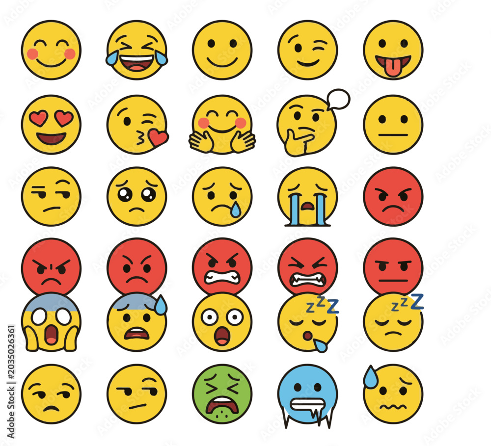 Fototapeta premium A comprehensive collection of expressive cartoon emoji icons, showcasing a broad spectrum of human emotions, for digital communication and creative graphic design