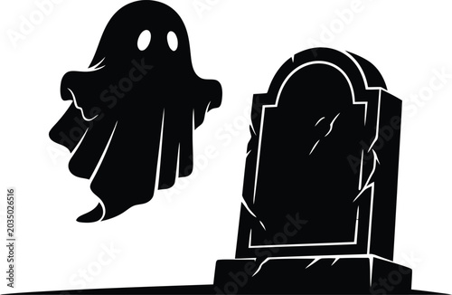 Fotografie Cute cartoon ghost floating beside a cracked ancient graveyard headstone vector