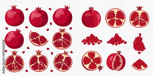 Photos Set of fresh pomegranates, whole and cut, with seeds isolated on a transparent background