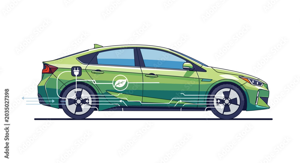 Fototapeta premium Green electric car charging with futuristic technology on white background