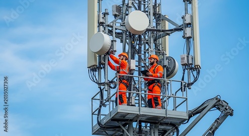 Technicians working on a telecommunications tower