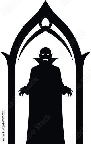 Fotografie Gothic vampire silhouette standing under a haunted castle archway vector illustr