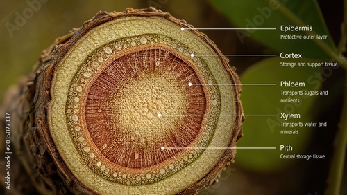  Cross-section of a plant stem revealing its internal vascular structure, organic detail. 