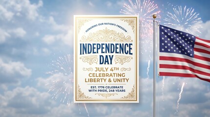 Independence day celebration background with american flag and fireworks