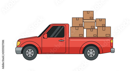 Cuadro en lienzo Red Pickup Truck Loaded with Cardboard Boxes - Delivery and Moving Concept