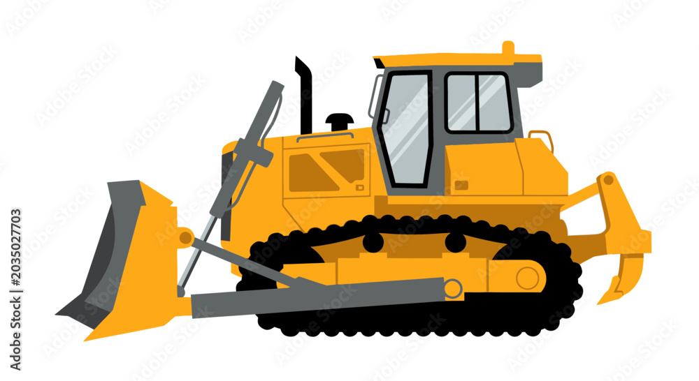 Obraz premium Yellow Bulldozer Machine on White Background, Construction Vehicle Vector Illustration