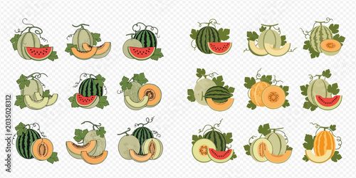 Foto Set of fresh melons and watermelons with leaves, whole and sliced, on a white background