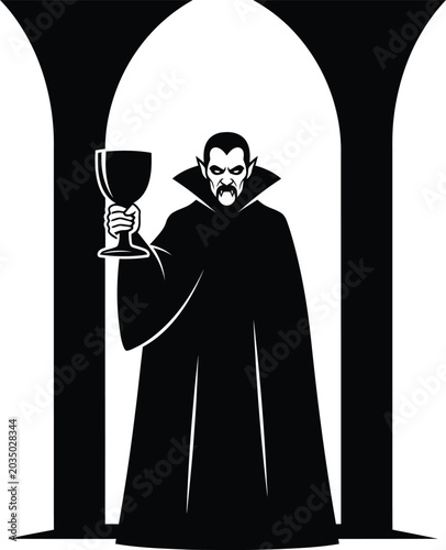 Εκτύπωση καμβά Scary count dracula holding goblet in front of arch vector illustration